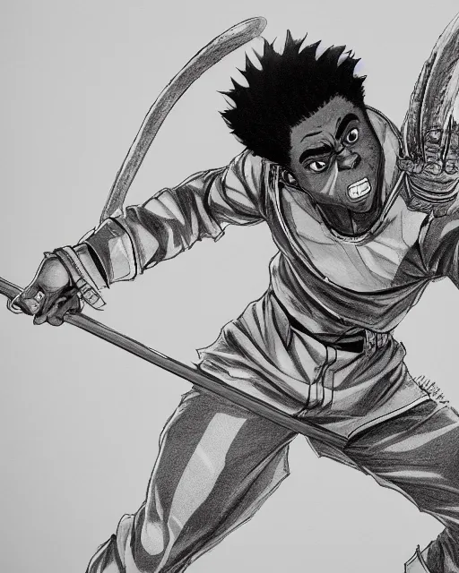 Image similar to a very detailed pencil drawing of kodak black in demon slayer manga panel, action lines, greg rutkowski, in field high resolution, dynamic pose, landscape, medium portrait, action, hyper realistic, manga, koyoharu gotouge, sakuga