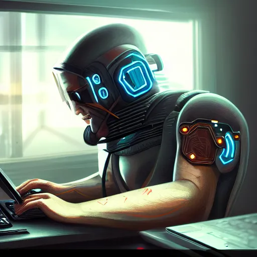 Image similar to realistic successful man typing on laptop in gaming room, artstation trends, cyberpunk concept art, highly detailed, intricate, sharp focus, digital art, 8 k