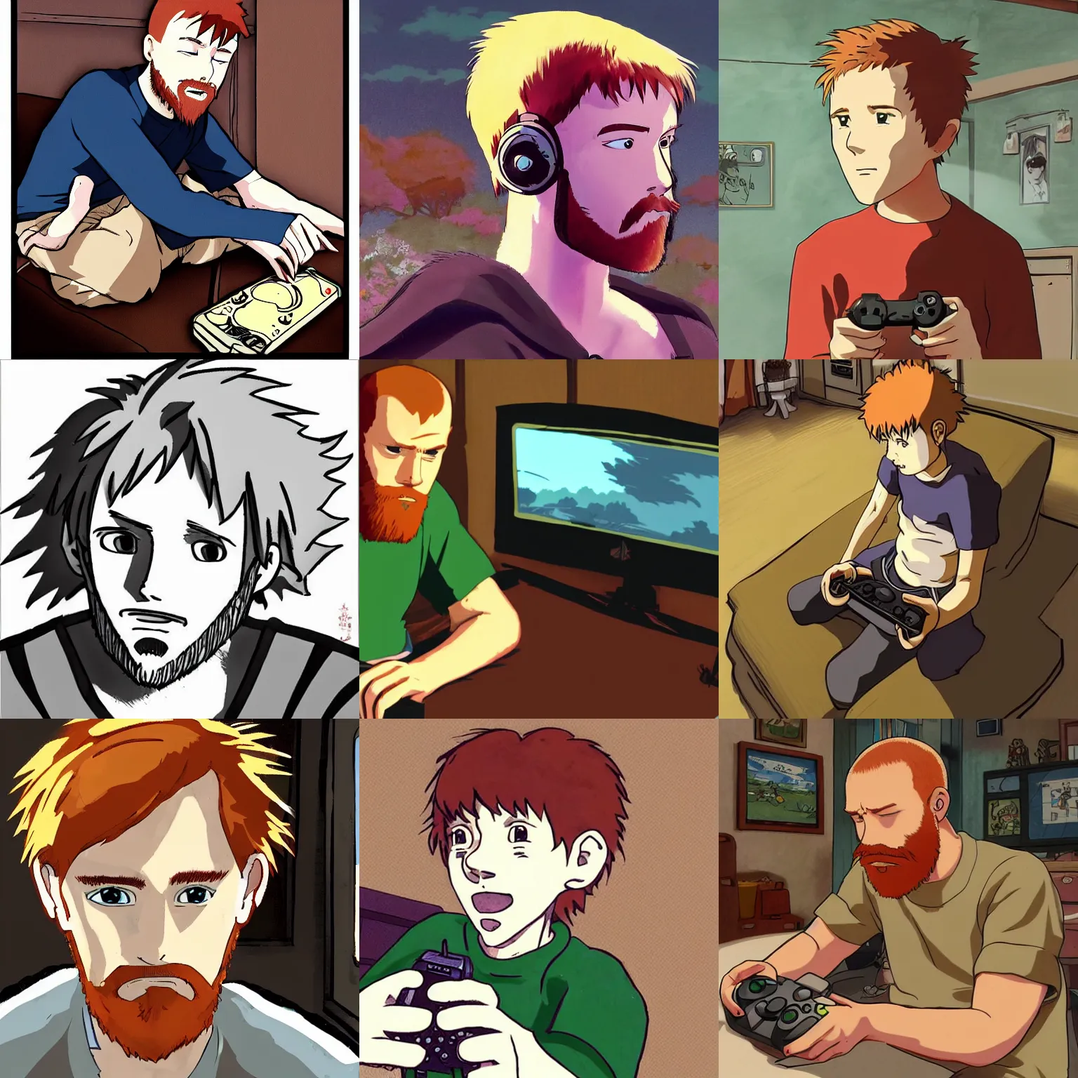 Prompt: Scruffy ginger boy with shaved head, plays videogames, by studio ghibli, Dramatic aRt,