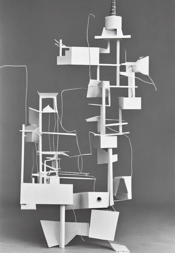 Image similar to a chess - piece building machine, minimal white machinery with cables, a surrealist sculpture by marcel duchamp, archival pigment print, 1 9 1 4, conceptual art, artwork, academic art, surrealist, fluxus