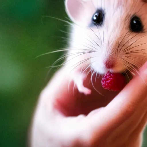 Prompt: cute hamster offering a raspberry to the photo lense, macro photography, wide angle lens, blurred background