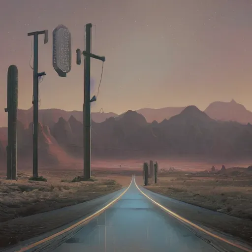 Image similar to desert spaceport junction, chillwave, electronic billboards, tech noir, wet reflections, atmospheric, ambient, livia prima, greg rutkowski, edward hopper, pj crook