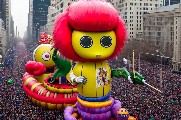 Image similar to photo of giant cute elaborate parade float character designed by ( ( ( ( ( ( ( ( giger ) ) ) ) ) ) ) ) and wes anderson!!!!!!!!!!!!!!, in the macys parade, detailed 4 k photo,