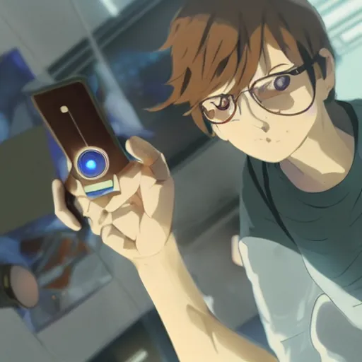 Image similar to A mixed mediart. A rip in spacetime. Did this device in his hand open a portal to another dimension or reality?! extreme close-up by Makoto Shinkai unplanned