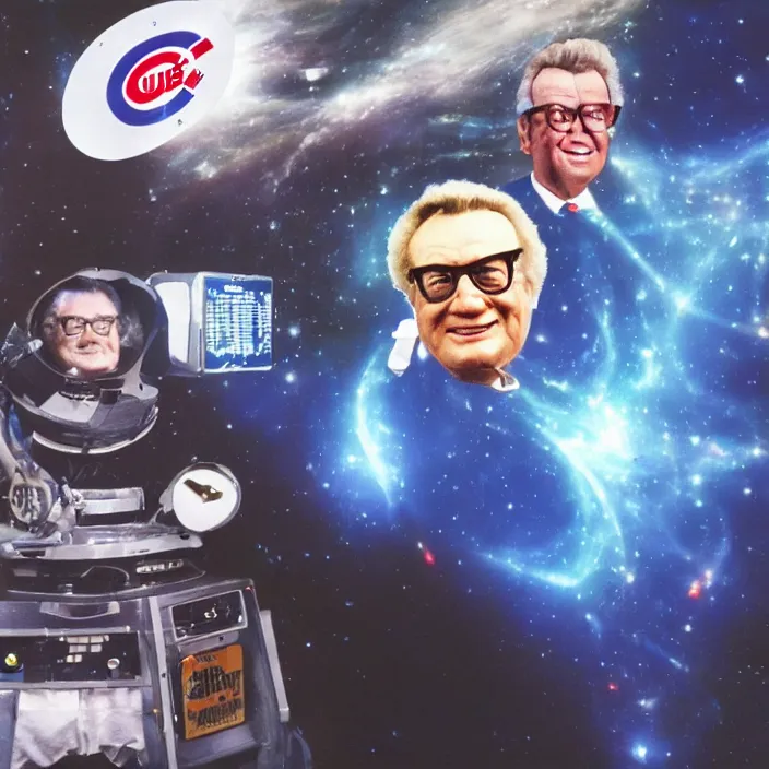 Image similar to a sci - fi hologram of chicago cubs announcer harry caray in space, universe, lasers, galaxy, cyberpunk