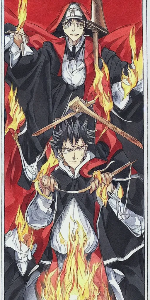 Image similar to powerful anime judge with a magic gavel on fire, in a court room with a justice scale on his desk, drawn by a famous anime artist, high quality, fine lines, amazing detail. colored, intricate ink painting detail the justice tarot card