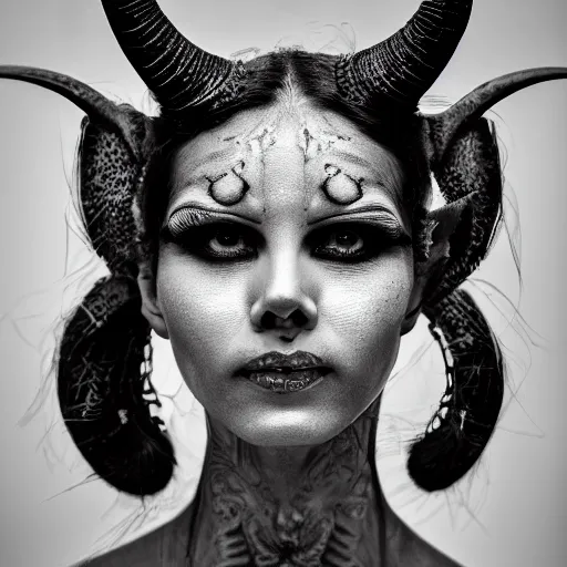 Prompt: gorgeous portrait of a demon woman, intricate detail and composition, highly symmetric, Leica Vario-Elmar-S 30-90mm f/3.5-5.6 ASPH