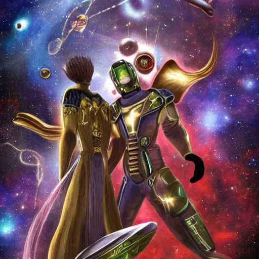 Image similar to the relentless battle between the guardians of space of time both of which are clothed with golden chains and galactic fog and a background overseeing the universe