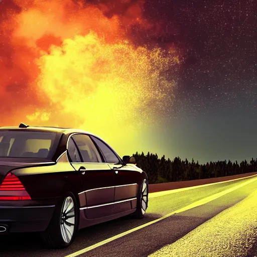 Prompt: a [ bmw 7 ]!! driving on an empty highway at night, [ fireworks in the sky ]!!, and a [ wooded forest ] in the background, trending on artstation, [ digital art ]!!, [ golden ratio ]!!, centered!!