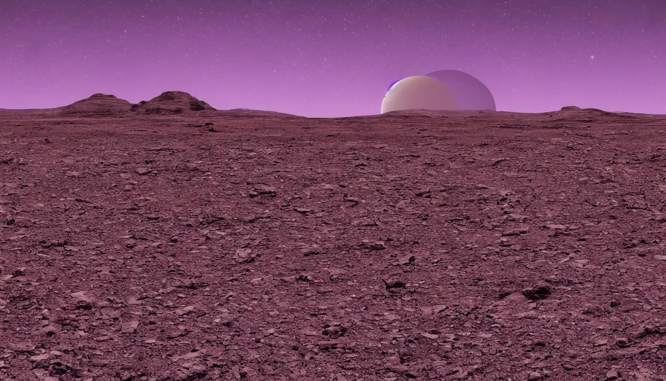 Image similar to desolate alien landscape. small lander to the right. photo. purple sky.