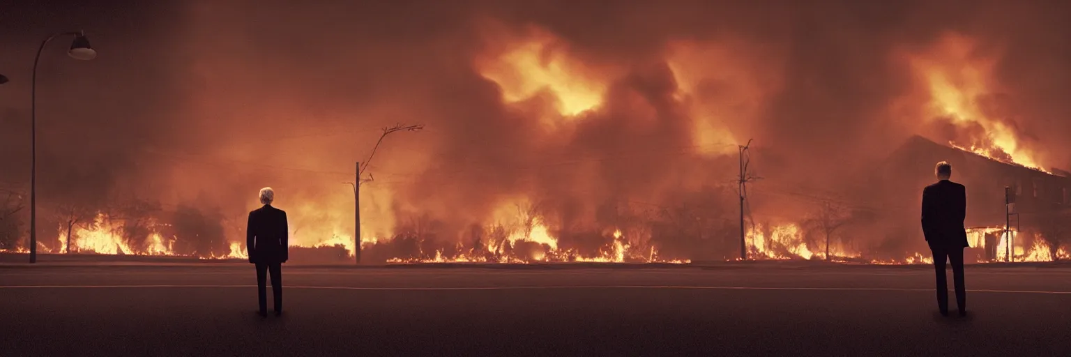 Image similar to medium format photo, cinema still from david lynch movie, sleazy man watching night streets while a single house burns in the background of suburbia, haze, americana, high production value, intricate details, 8 k resolution, hyperrealistic, hdr, photorealistic, high definition, high details, tehnicolor, award - winning photography, masterpiece, amazing colors