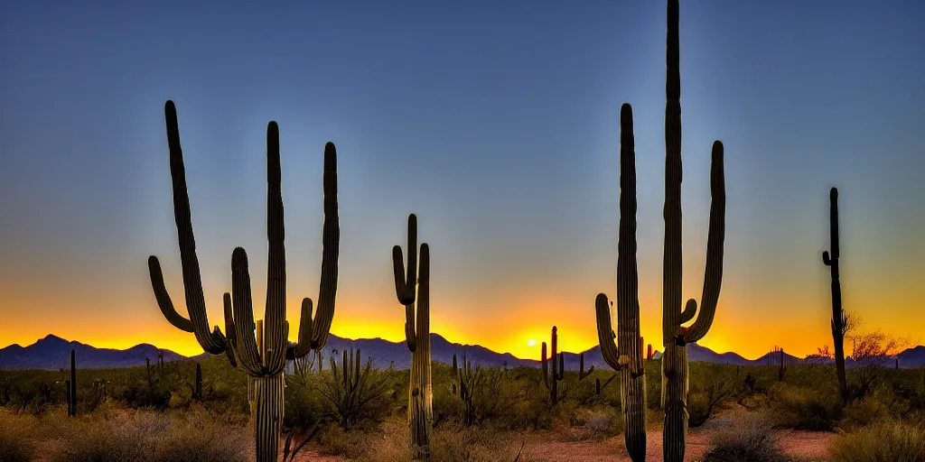 Prompt: Arizona desert, saguaro, sunrise, by Vincent Van Gough