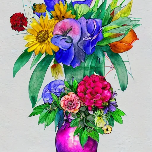 Image similar to a porcelain vase with a colorful and beautiful flower arrangement. very stylize and delicate watercolor and pencil draw + 7 xing. beautiful lighting, 4 k post - processing, trending in art station, cg society, highly detailed, 5 k extremely detailed