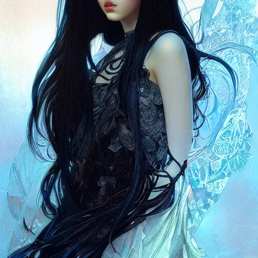 Image similar to portrait of teenage girl with long glossy black hair, blue eyes, glowing skin, fashion model features, fantasy, intricate, elegant, black dress, highly detailed, digital painting, artstation, concept art, smooth, sharp focus, illustration, art by Krenz Cushart and Artem Demura and alphonse mucha