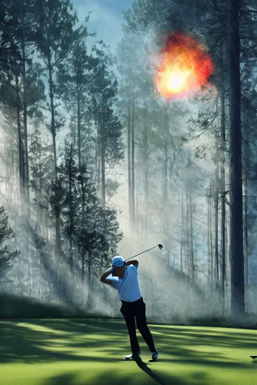 Image similar to close-up of a golf player on a lush golf course with a burning forest far away, digital painting, 4k, rays of light, particles light, by sasha kalinkin