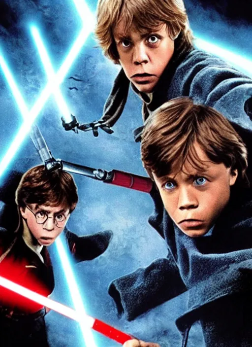 Image similar to Brutal combat Harry Potter vs Luke Skywalker. Film still. Harry Potter on the left side and Luke Skywalker with red light saber on the right side in Hogwarts near a broken X-wing ship, high detail