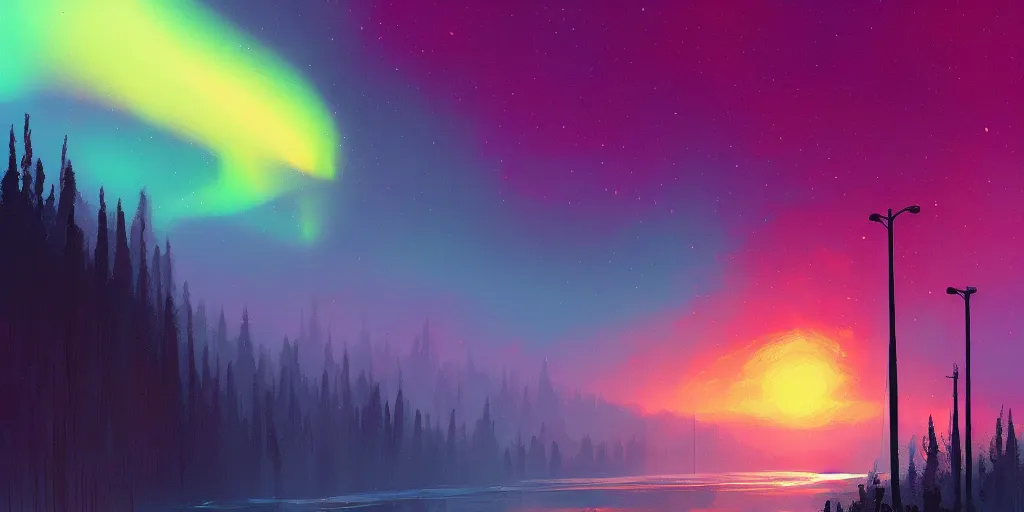 Image similar to aurora lights, Alena Aenami, Artstation