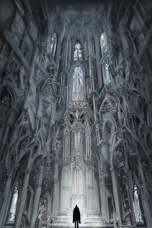 Image similar to a beautiful and terrifying painting with high details of a panoramic view of a gothic church made of white bones, with the white rose and a black - robed skeleton demon in the foreground, poster style, movie atmosphere, movie lights, 8 k, light effect, rtx on, trending on artstation, by kilian eng, lee madgwick, tyler edlin, mucha