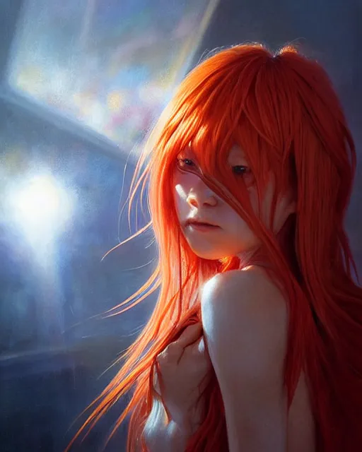 Image similar to asuka langley, award winning photograph, radiant flares, realism, lens flare, intricate, various refining methods, micro macro autofocus, evil realm magic painting vibes, hyperrealistic painting by michael komarck - daniel dos santos