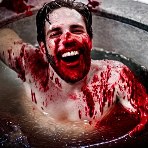 Image similar to a man smiling while taking a bath in blood