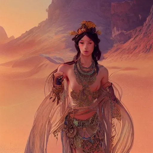 Prompt: a goddess in the desert, fantasy, intricate and very beautiful and elegant, highly detailed, digital painting, artstation, concept art, smooth and sharp focus, illustration, art by tan zi and ayanamikodon and alphonse mucha and wlop