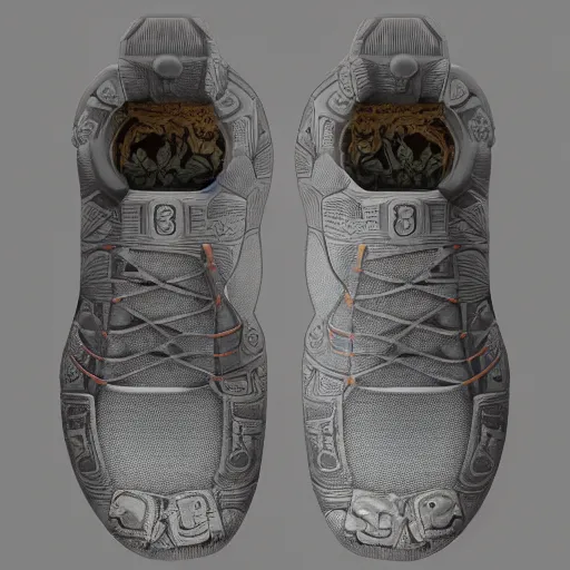 Image similar to extremely detailed realistic digital art render of a ciberpunk mayan sneakers by James Jean y craig mullins product shot view in studio render in unreal engine, ArtStation, CGSociety