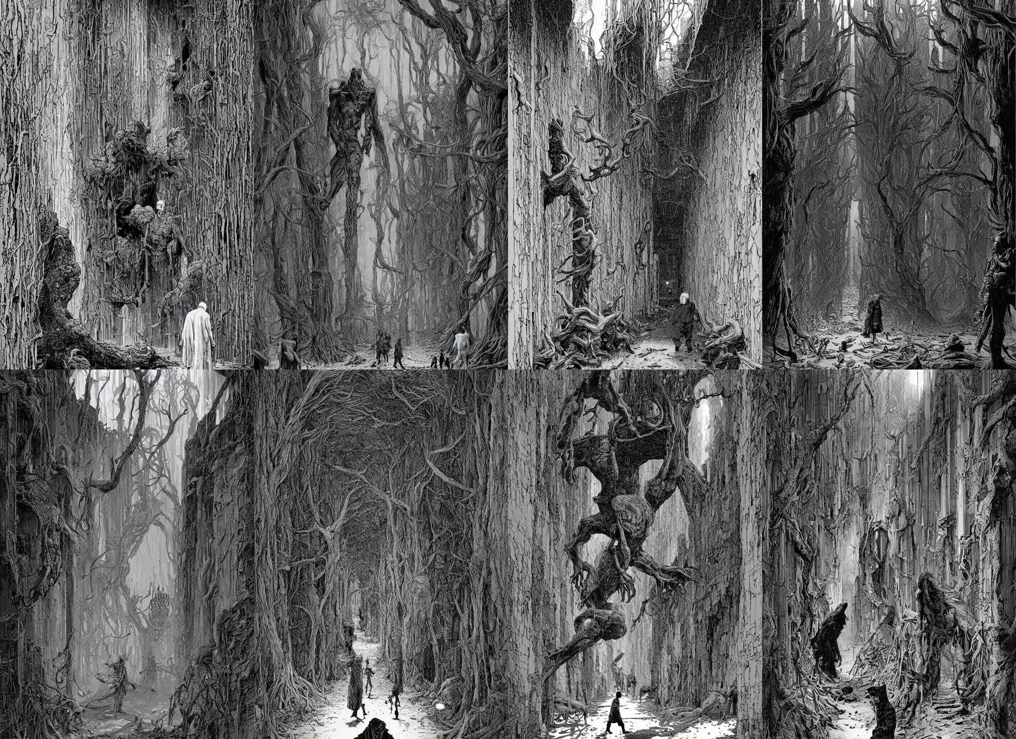Prompt: a giant man walks in an old wood corridor, 2 meters, black and white illustration, by james jean and wayne barlowe and moebius