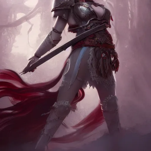 Prompt: a beautiful hyper realistic detailed epic concept art showing ( a noble knight women with red hair accompanied by ) the sacred spirit raccoon, by tom bagshaw, ross tran and bayard wu, in the style of dragon age, featured on artstation