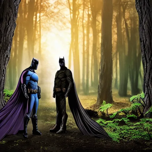 Image similar to batman meets groot in the woods digital art 4 k detailed super realistic