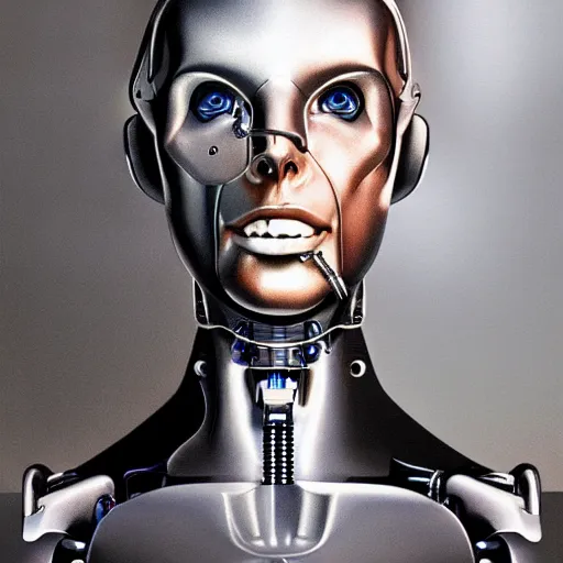 Image similar to a cyborg robot designed by tesla, hyper realistic, detailed portrait,