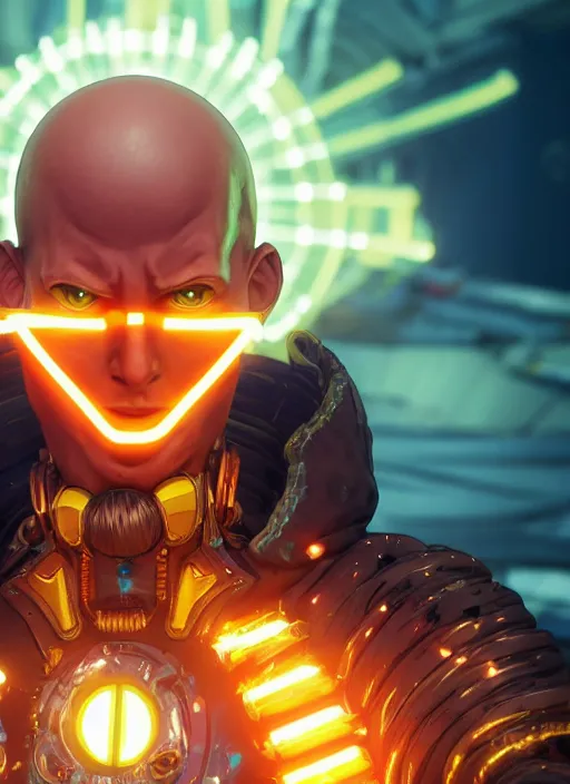 Image similar to glowwave portrait of saitama from borderlands 3, au naturel, hyper detailed, digital art, trending in artstation, cinematic lighting, studio quality, smooth render, unreal engine 5 rendered, octane rendered, art style by klimt and nixeu and ian sprigger and wlop and krenz cushart.