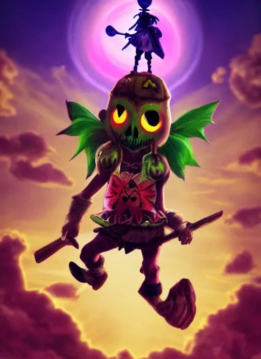 Image similar to skull kid from majoras mask floating in the air while looking at the viewer maniacally, legend of zelda fairy in the background, dramatic lighting, cinematic, film, dynamic pose, movie scene