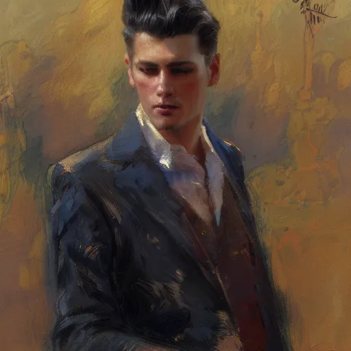 Prompt: a man with a pompadour haircut, painting by Gaston Bussiere, Craig Mullins