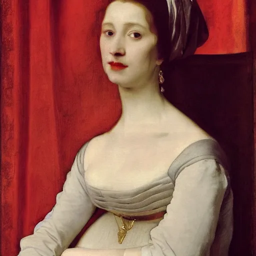 Image similar to sublime portrait of a woman in a red satin dress, very pale, graceful, Vermeer, Bouguereau, Van Dyck, Ingres, Rubens, Carolus-Duran, strong dramatic cinematic lighting, 17th-century, extremely detailed, dark background