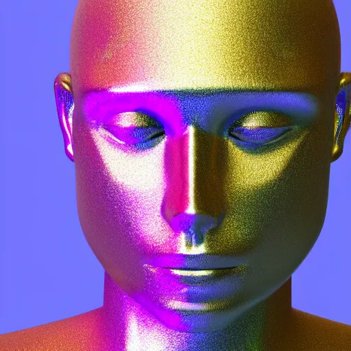 Image similar to 3d render of holographic human robotic head made of glossy iridescent, surrealistic 3d illustration of a human face non-binary, non binary model, 3d model human, cryengine, made of holographic texture, holographic material, holographic rainbow, concept of cyborg and artificial intelligence