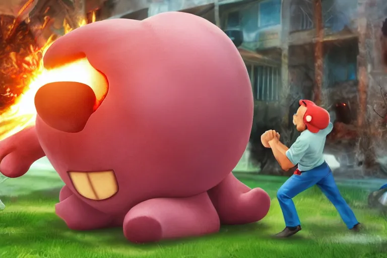 Image similar to a photo of an injured man fighting a giant kirby, photorealistic, bloody, 8 k