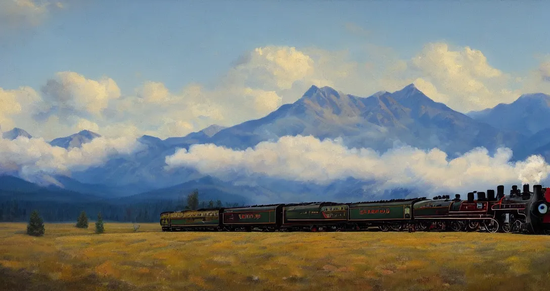 Prompt: a steam train in the distance, rocky mountains!, smoke in the distance!, beautiful, by norman wilson, oil painting, valley!