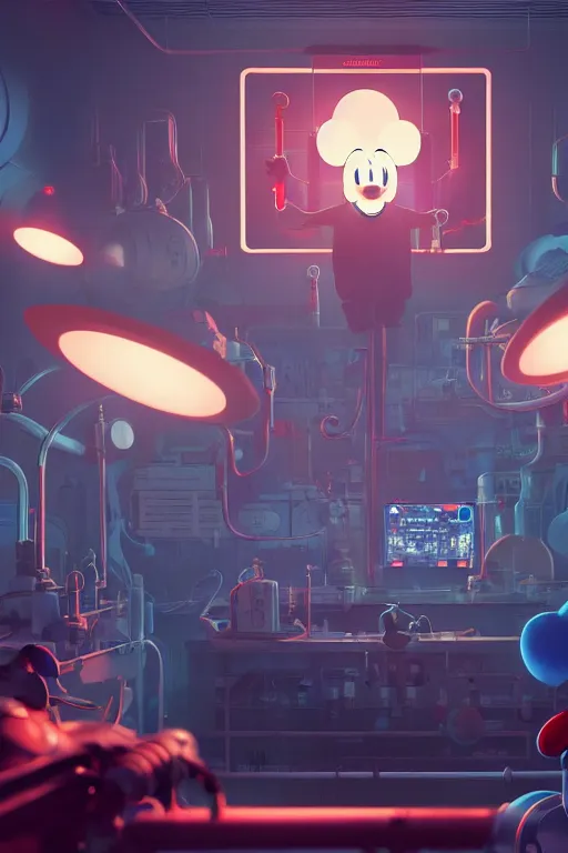 Image similar to bunch of mechanics operating bloody mickey mouse head in science facility, big glowing netflix logo behind, greg rutkowski, beeple, gilleard, alphonse mucha cgsociety, unreal engine, octane render, highly detailed 4 k art, smooth, sharp focus, cinematic lighting,