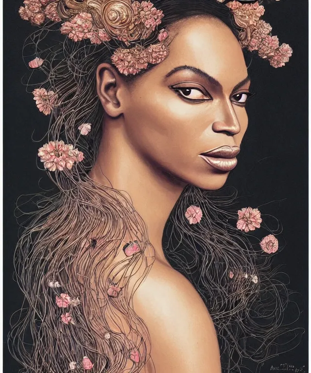 Prompt: facial portrait of Beyonce as a young pretty woman in flowing dress, arrogant, mysterious, long fine flowing hair, delicate, looking at camera, realistic face, intricate, stylish, elegant, grimdark, flowers, extremely detailed photograph by Martine Johanna and Ernst Haeckel and Greg Rutkowski