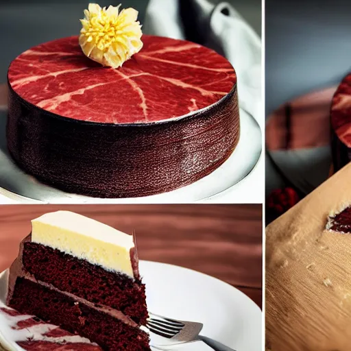 Image similar to an award winning photo of a delicious cake made from bat meat, promotional photo