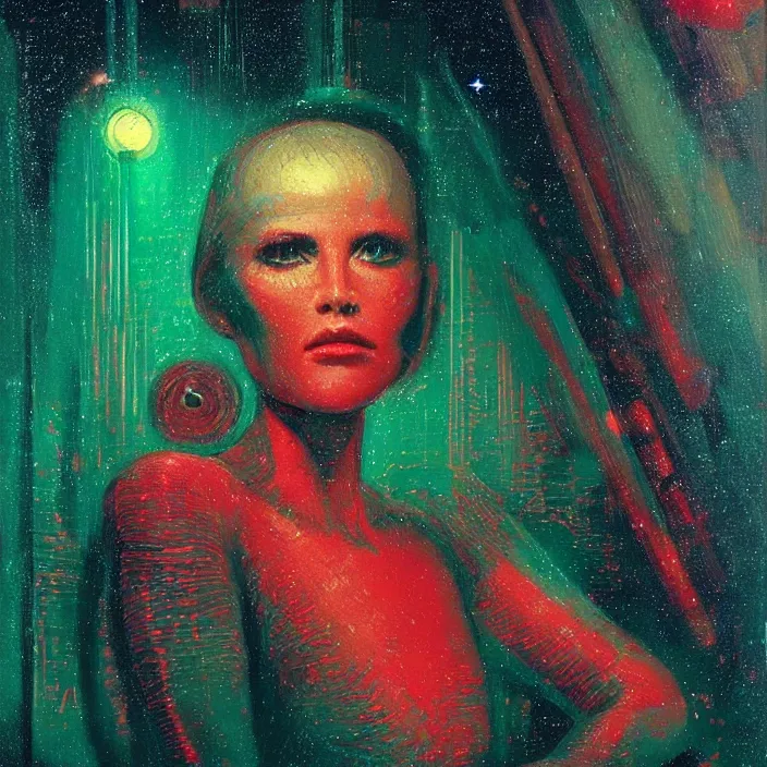 Prompt: beautiful female portrait, red and green palette, night lights, starry sky, by ( h. r. giger ) and paul lehr