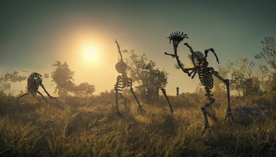 Image similar to hyper realistic highly detailed nature photography of skeleton zombies, prehistoric planet, volumetric lighting, octane render, 4 k resolution, golden hour