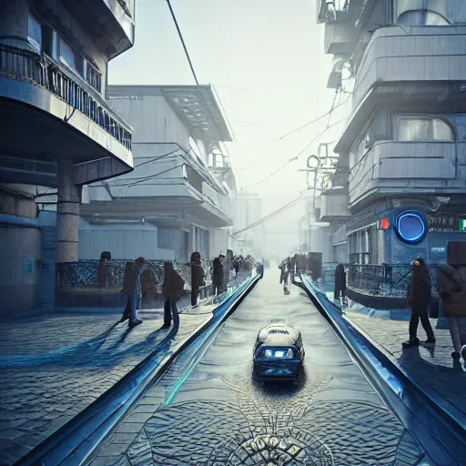 Prompt: Street photo in a crowded future city on Moon, Neo Norilsk, sci-fi, 35mm, intricate, very very beautiful, elegant, highly detailed, smooth, Unreal Engine 5, sharp focus, by Evgeny Zubkov, by Marat Zakirov, trending on Behance