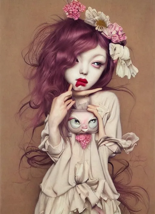 Prompt: pop surrealism, lowbrow art, realistic cute alice girl painting, japanese street fashion, hyper realism, muted colors, rococo, tom bagshawmark ryden, trevor brown style