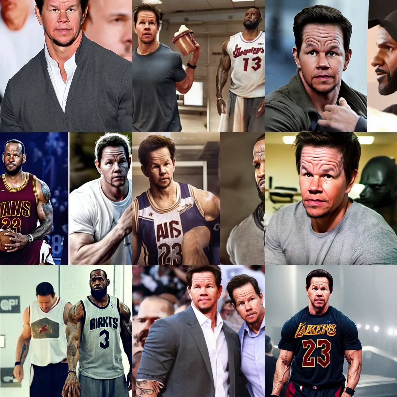 Prompt: mark wahlberg in makeup portraying lebron james, new movie, promotional image, teaser, trailer