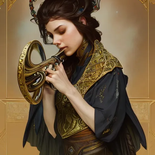 Image similar to a strange blowing horn, d & d, fantasy, intricate, elegant, highly detailed, digital painting, artstation, concept art, smooth, sharp focus, illustration, art by artgerm and greg rutkowski and alphonse mucha