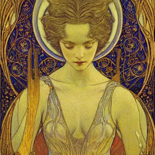 Image similar to a beautiful young medieval queen by jean delville, art nouveau, symbolist, visionary, gothic