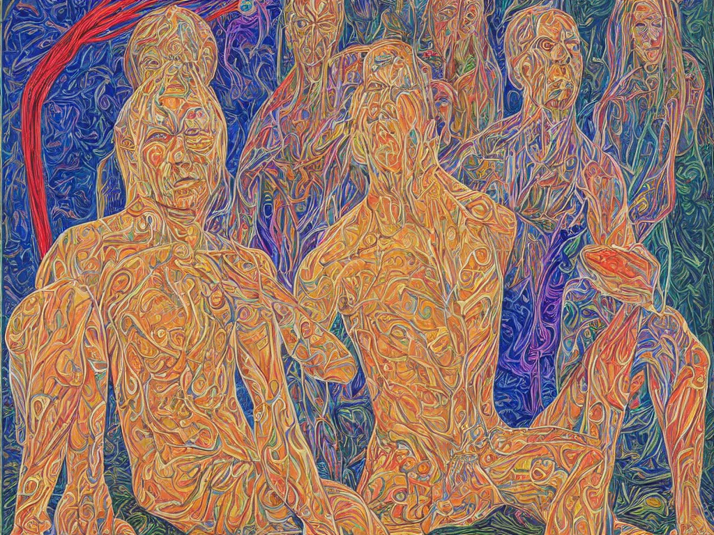 Prompt: portrait of a blonde man in slavic squat. painting by alex grey