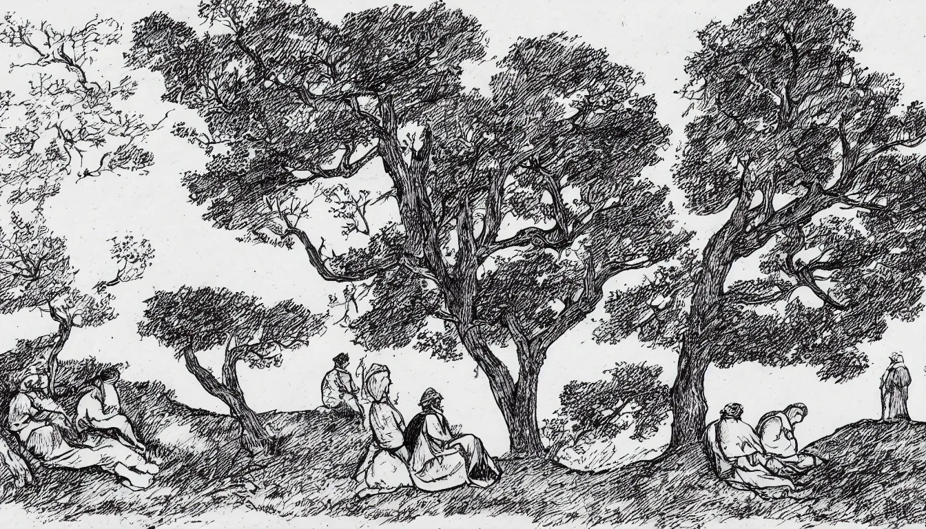 Image similar to a couple sits together on a large hill while wind blows the trees, pen and ink, 1 5 0 0 s, 8 k resolution