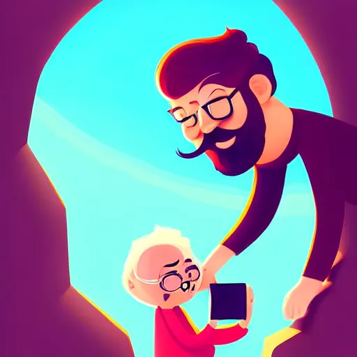 Image similar to curled perspective digital art of a cute smiling beard grandpa cartoon character taking a photo to a baby girl by anton fadeev